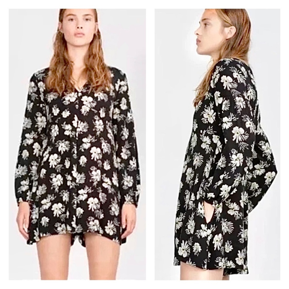 Zara Floral Romper Dress Long Sleeve XS